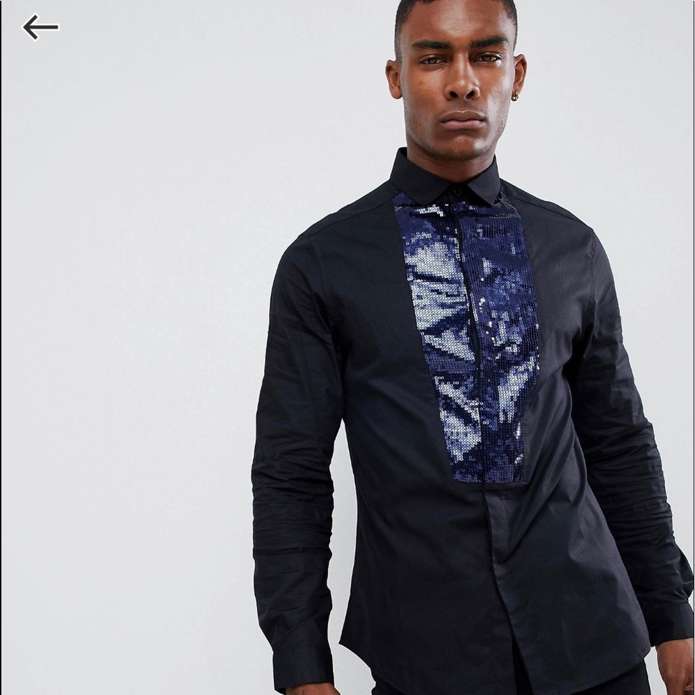 Black dress shirt with blue sequin bib